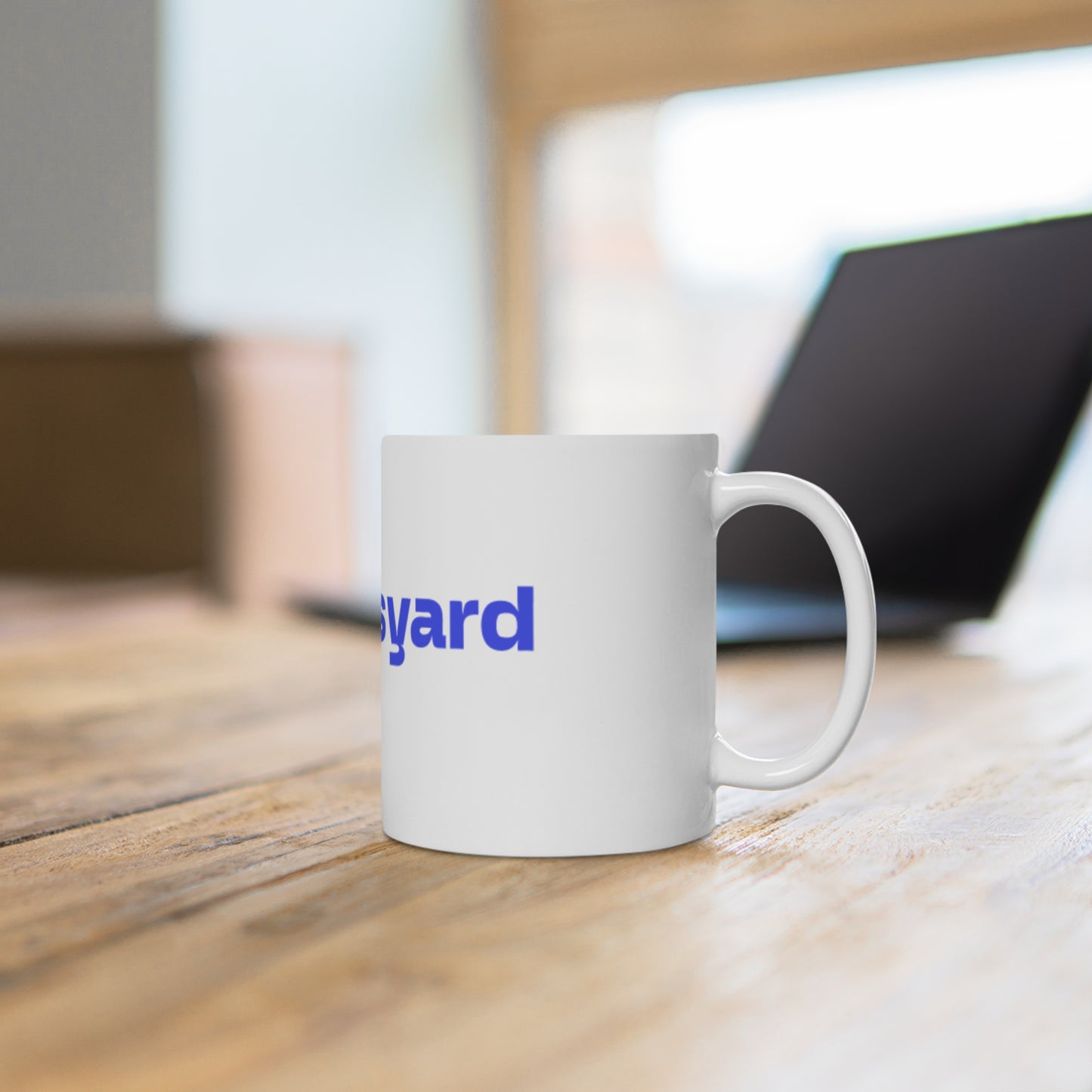 Blue Bold Text Ceramic Mug — 'tradersyard' Minimalist Coffee Cup