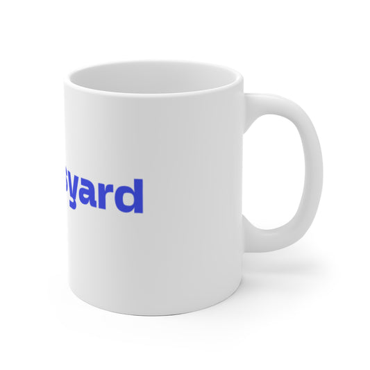 Blue Bold Text Ceramic Mug — 'tradersyard' Minimalist Coffee Cup