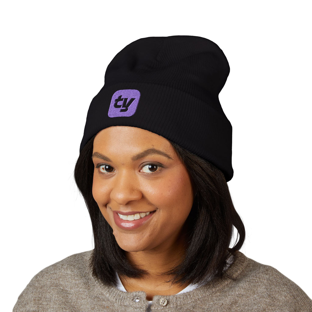 Embroidered Purple 'ty' Cuffed Beanie – Cozy Winter Hat