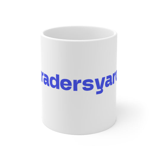 Blue Bold Text Ceramic Mug — 'tradersyard' Minimalist Coffee Cup
